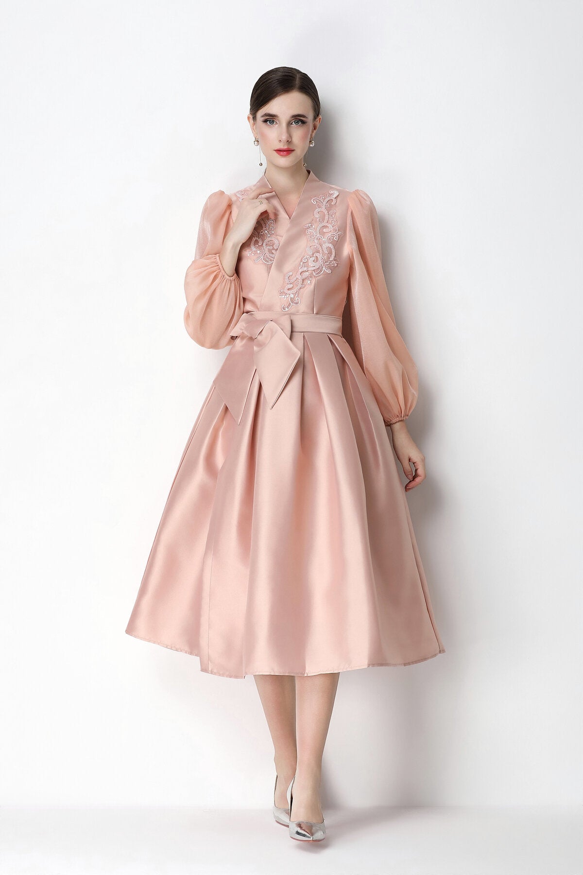 Beaded Satin Wrap V-Neck Balloon-Sleeve Midi Dress