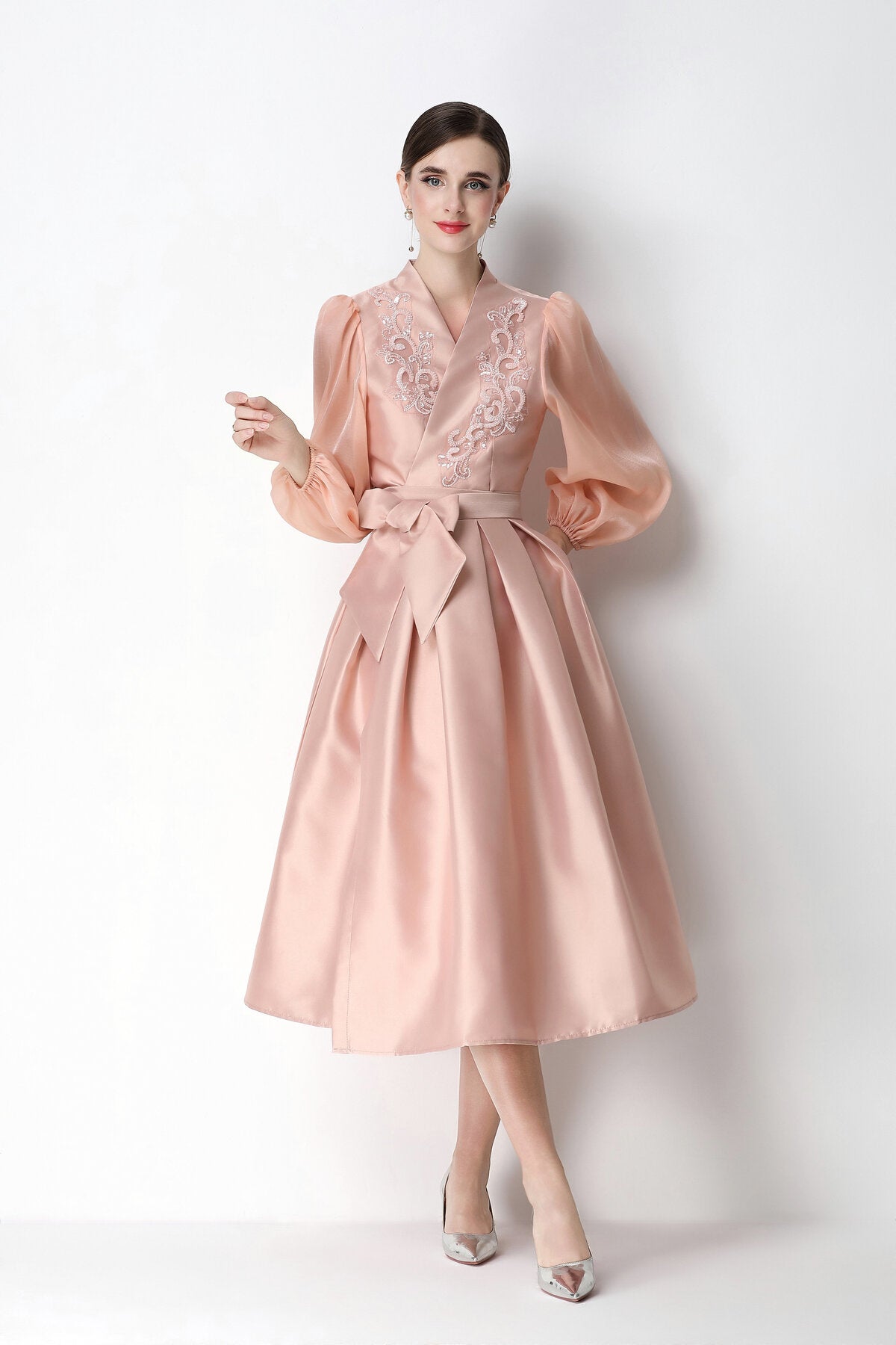 Beaded Satin Wrap V-Neck Balloon-Sleeve Midi Dress