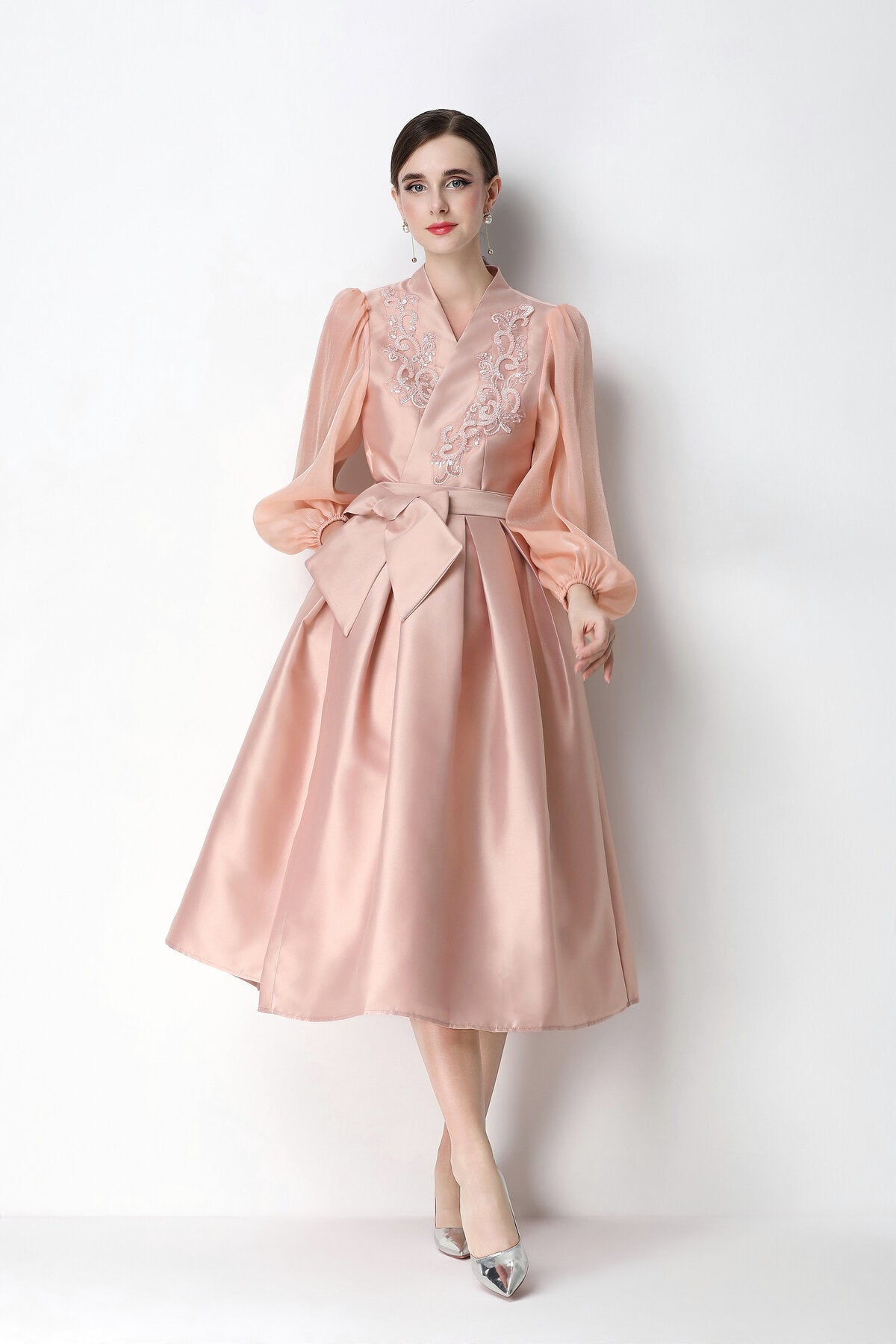 Beaded Satin Wrap V-Neck Balloon-Sleeve Midi Dress