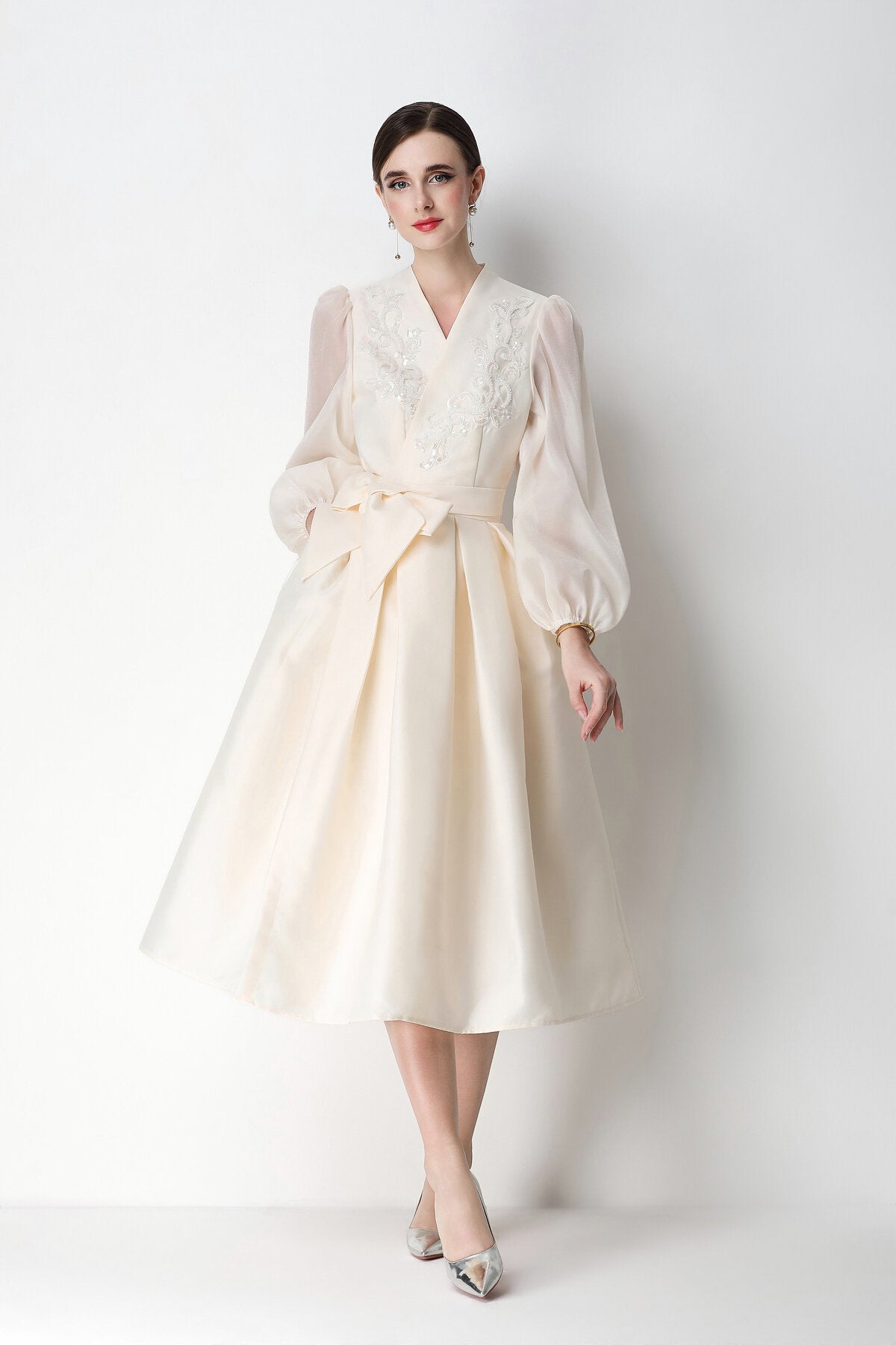 Beaded Satin Wrap V-Neck Balloon-Sleeve Midi Dress