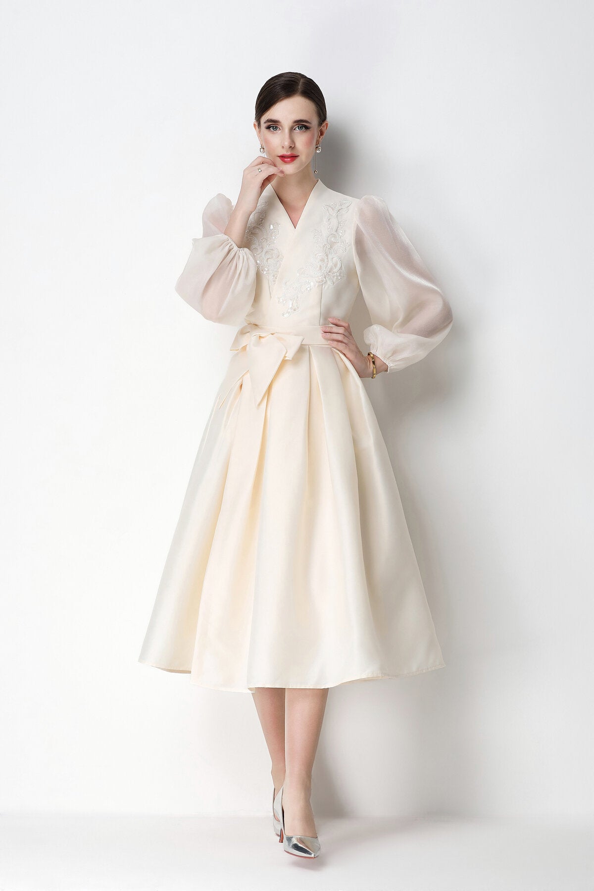 Beaded Satin Wrap V-Neck Balloon-Sleeve Midi Dress
