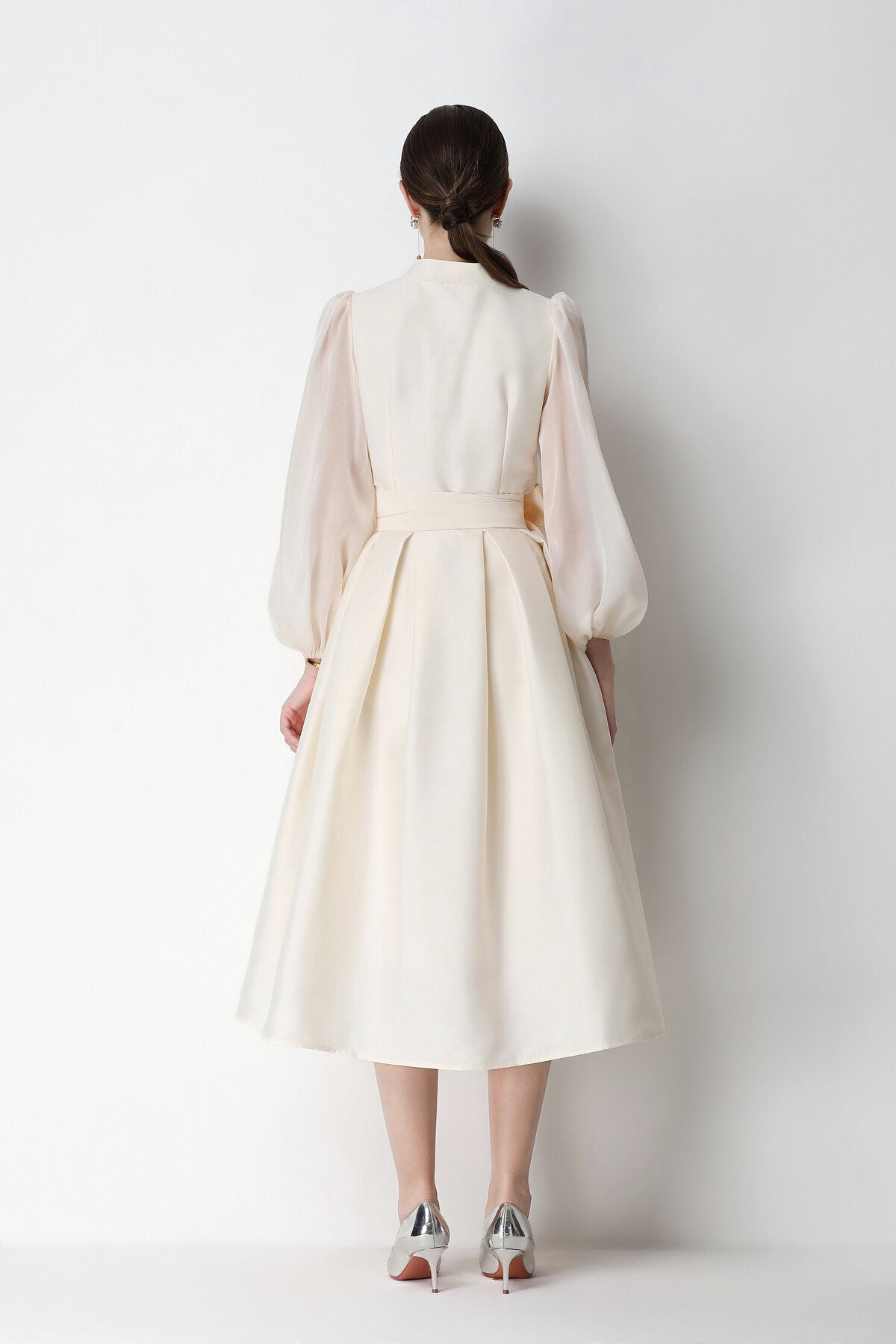 Beaded Satin Wrap V-Neck Balloon-Sleeve Midi Dress