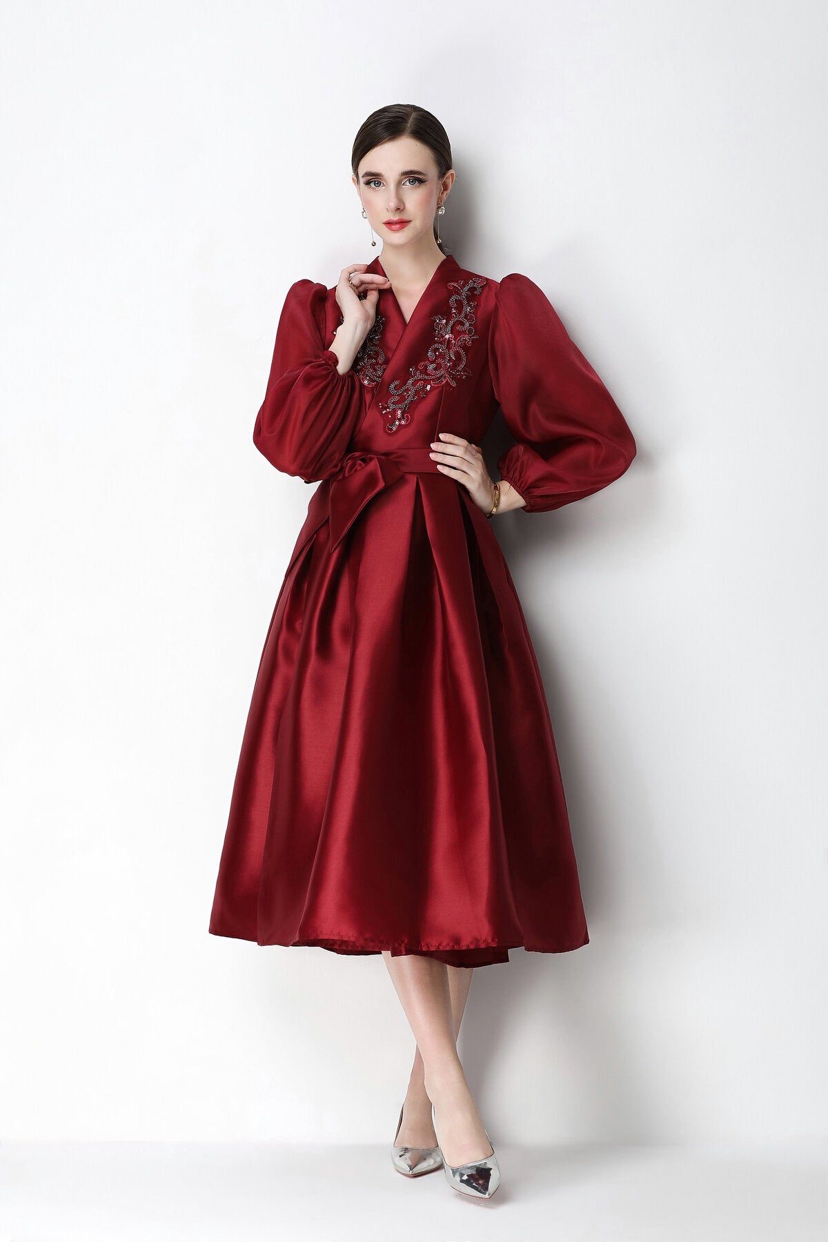 Beaded Satin Wrap V-Neck Balloon-Sleeve Midi Dress