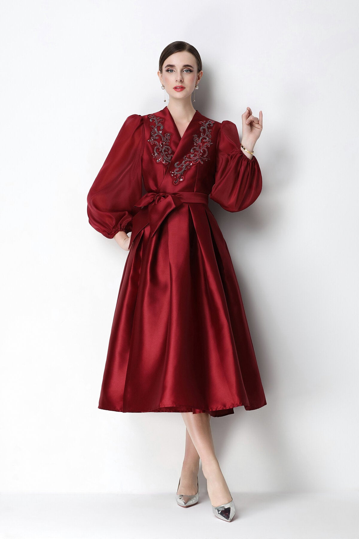 Beaded Satin Wrap V-Neck Balloon-Sleeve Midi Dress