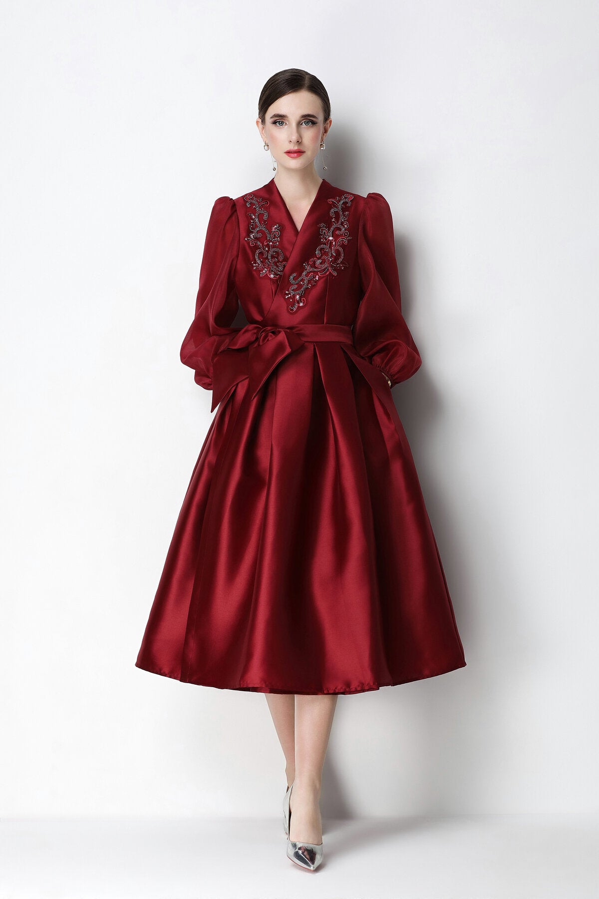 Beaded Satin Wrap V-Neck Balloon-Sleeve Midi Dress