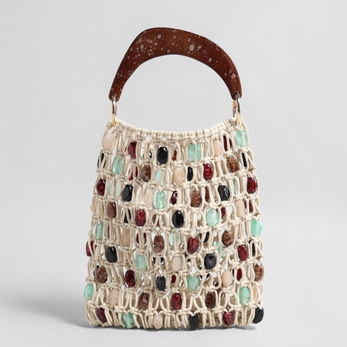 Beaded Macramé Net Handbag – Multicolour Beads with Faux-Wood Handle