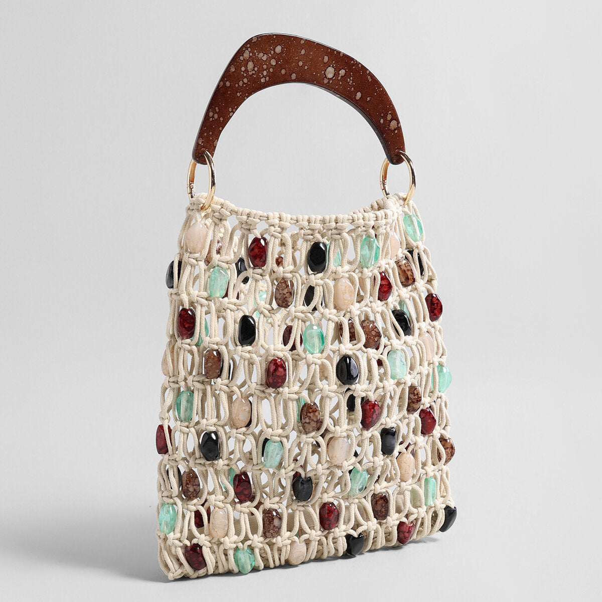 Beaded Macramé Net Handbag – Multicolour Beads with Faux-Wood Handle