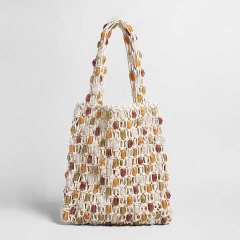 Beaded Macramé Net Tote Bag – Hand-Knotted Cotton Rope with Multi-Color Acrylic Beads