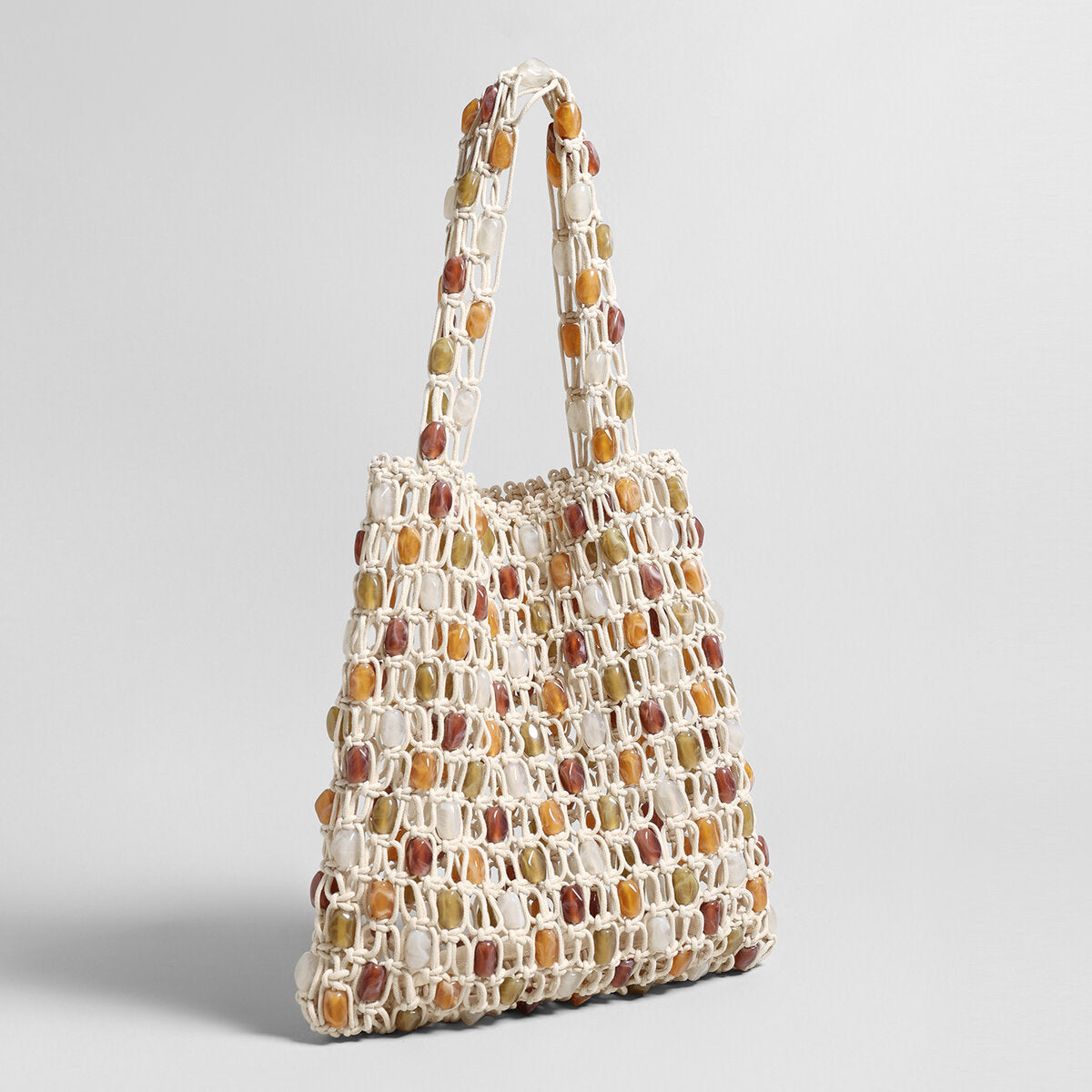 Beaded Macramé Net Tote Bag – Hand-Knotted Cotton Rope with Multi-Color Acrylic Beads