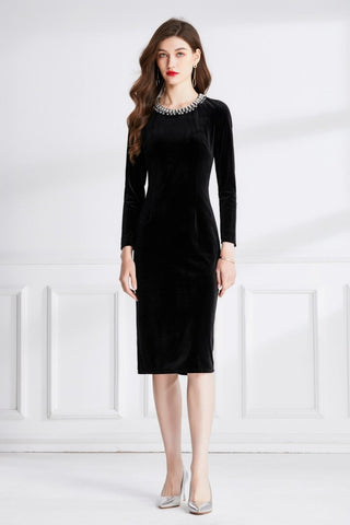 Beaded Vintage High Waist Slit Black Velvet Maxi Dress