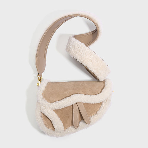 Beige Shearling Saddle Shoulder Bag – Lambswool Trim Suede Leather Crossbody with Gold Hardware