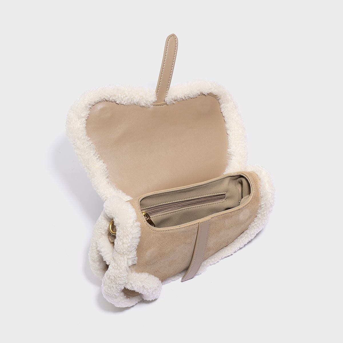 Beige Shearling Saddle Shoulder Bag – Lambswool Trim Suede Leather Crossbody with Gold Hardware