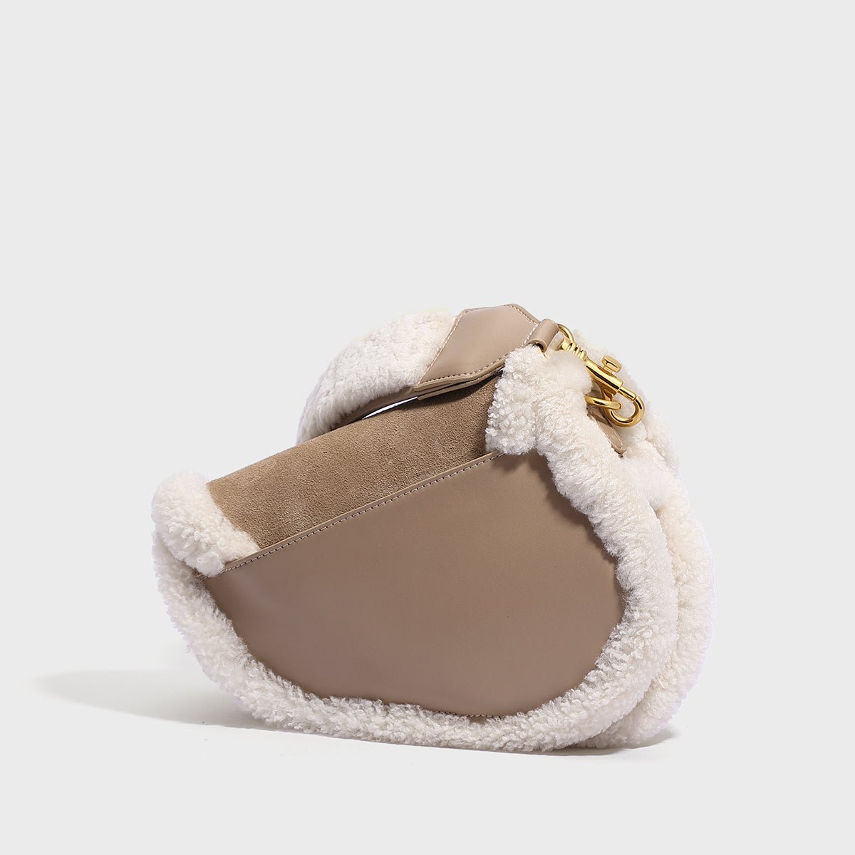 Beige Shearling Saddle Shoulder Bag – Lambswool Trim Suede Leather Crossbody with Gold Hardware