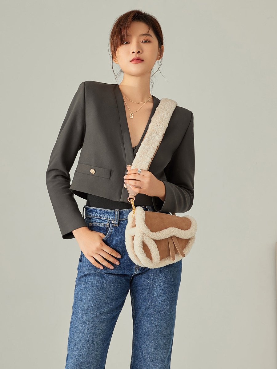 Beige Shearling Saddle Shoulder Bag – Lambswool Trim Suede Leather Crossbody with Gold Hardware