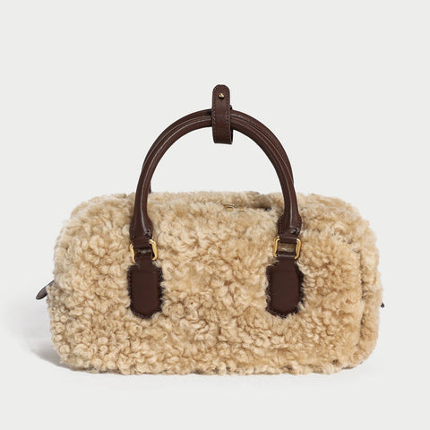 Beige Sherpa Fur Trimmed Elongated Top Handle Bag