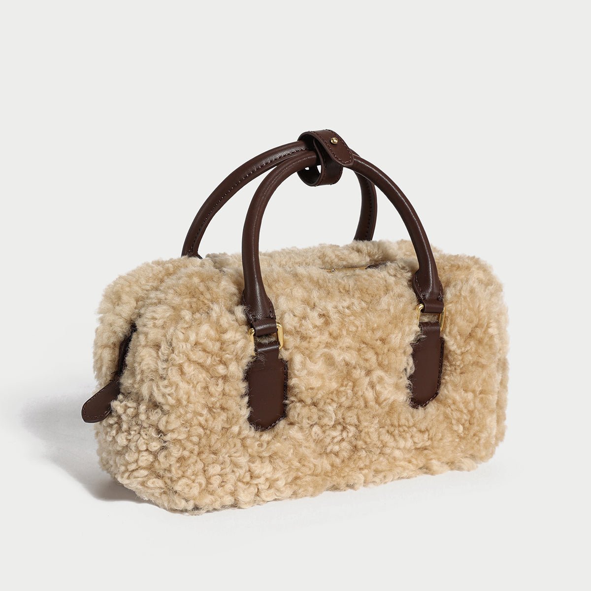 Beige Sherpa Fur Trimmed Elongated Top Handle Bag