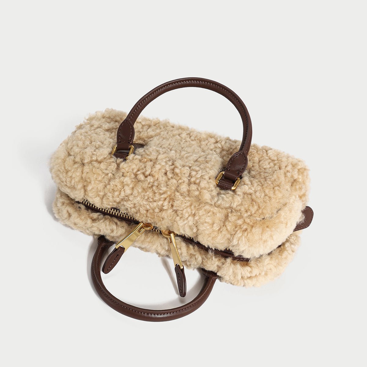 Beige Sherpa Fur Trimmed Elongated Top Handle Bag