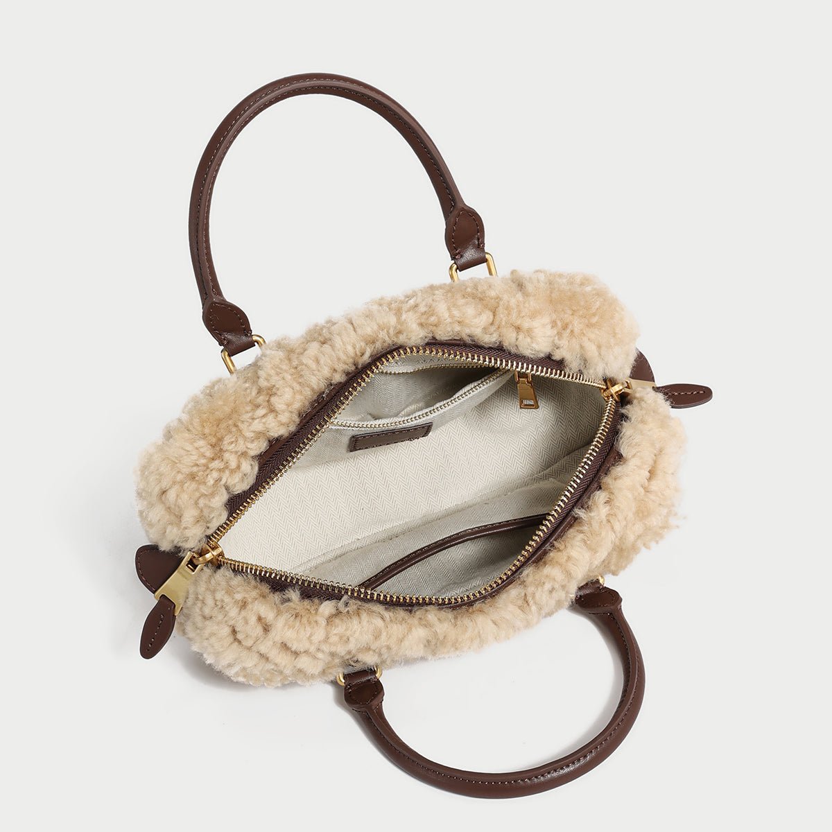 Beige Sherpa Fur Trimmed Elongated Top Handle Bag