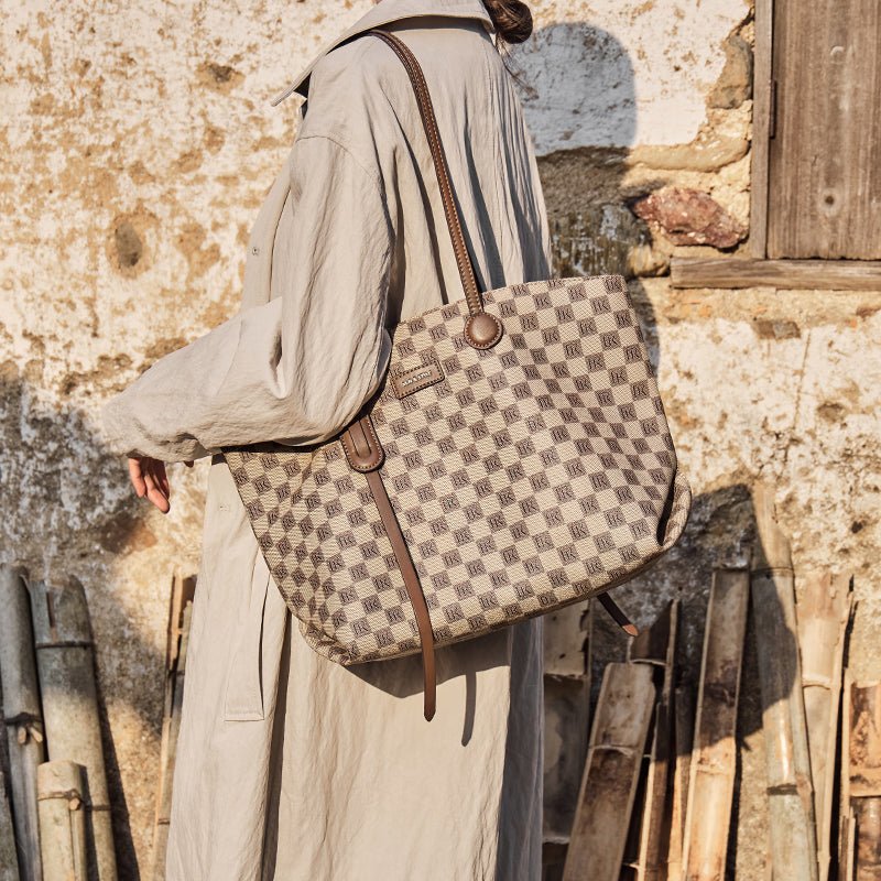 Bella Khaki Checkered Tote Bag
