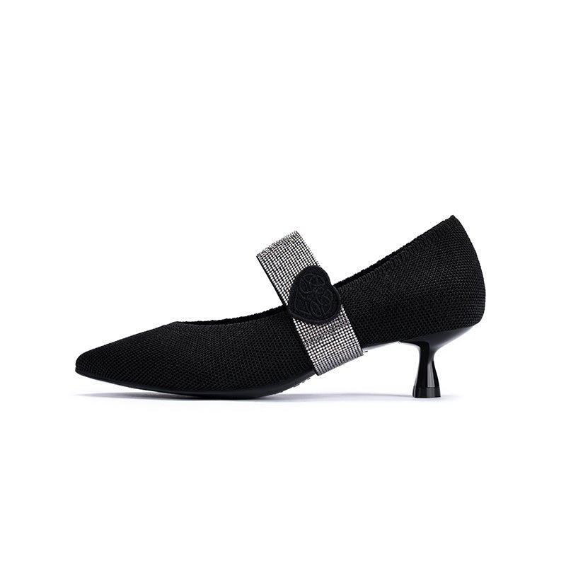 Belle Detachable Strap Mary Jane Heels – Pointed Toe Knit Kitten Heels