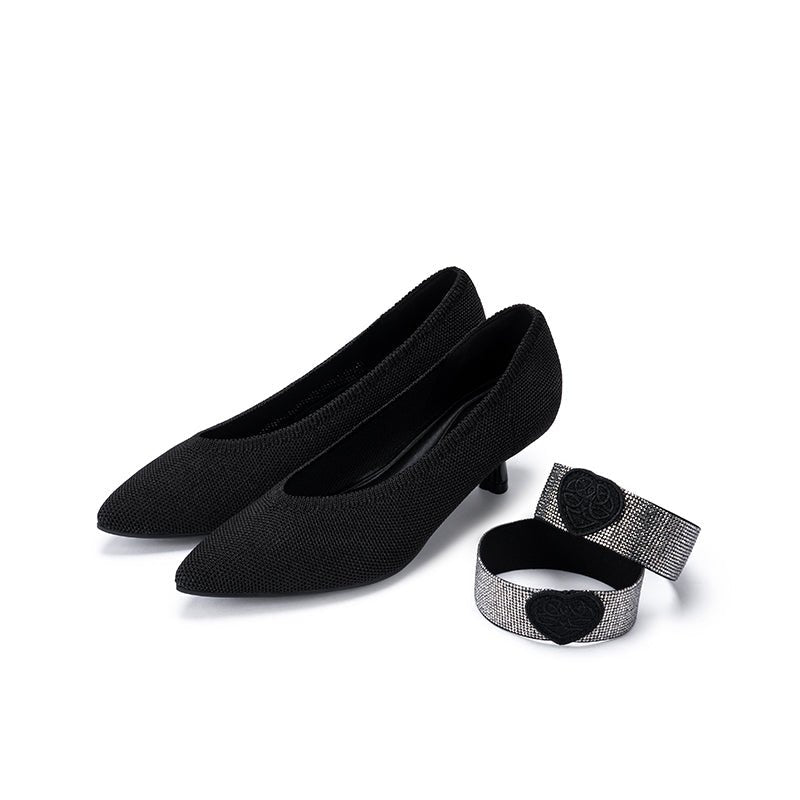 Belle Detachable Strap Mary Jane Heels – Pointed Toe Knit Kitten Heels