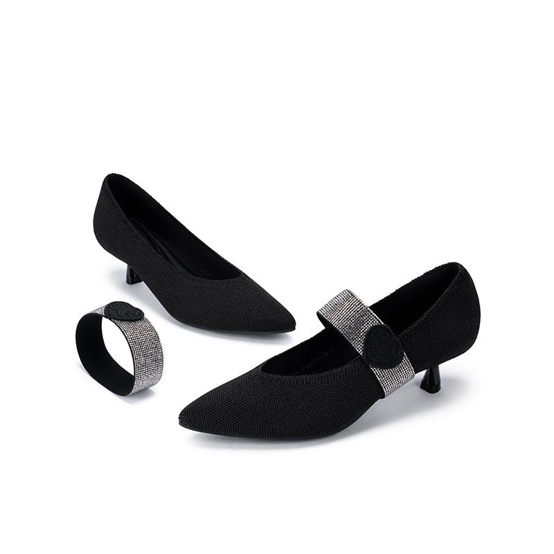Belle Detachable Strap Mary Jane Heels – Pointed Toe Knit Kitten Heels