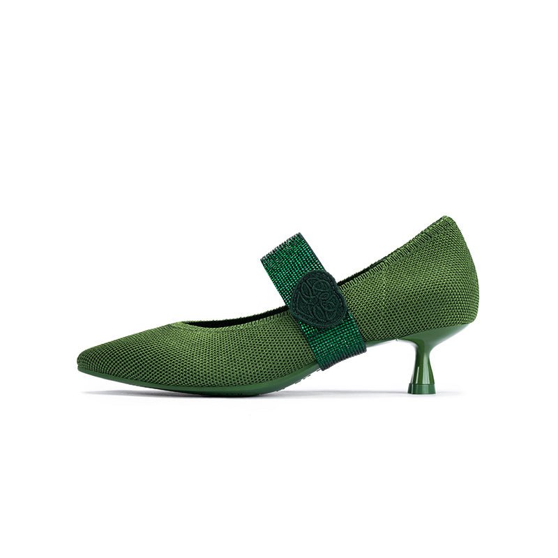 Belle Detachable Strap Mary Jane Heels – Pointed Toe Knit Kitten Heels