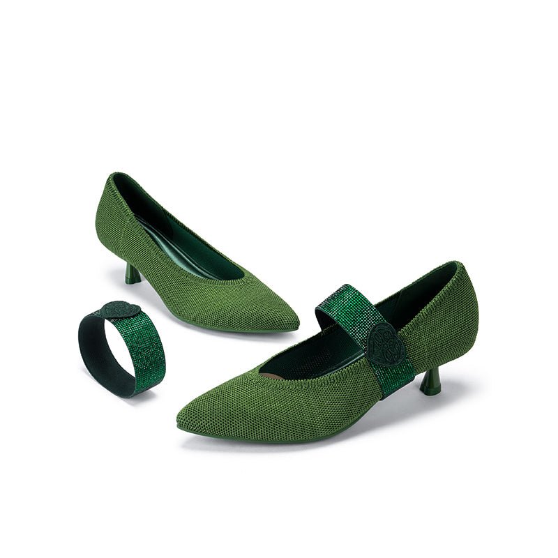 Belle Detachable Strap Mary Jane Heels – Pointed Toe Knit Kitten Heels