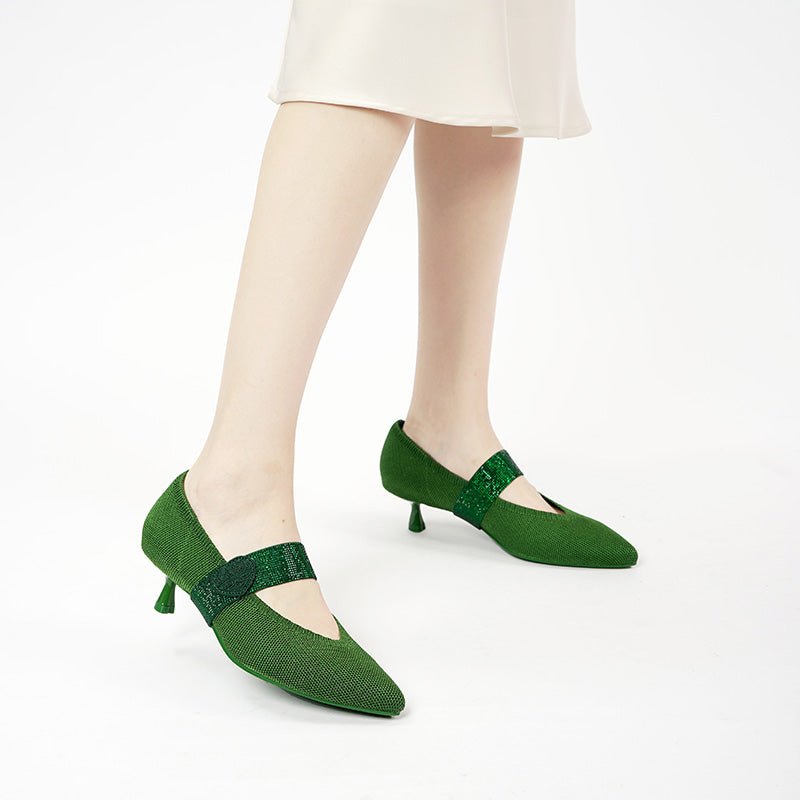 Belle Detachable Strap Mary Jane Heels – Pointed Toe Knit Kitten Heels