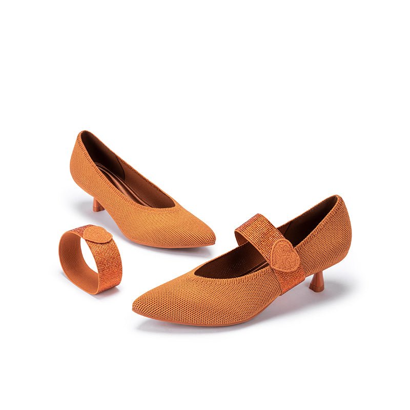 Belle Detachable Strap Mary Jane Heels – Pointed Toe Knit Kitten Heels