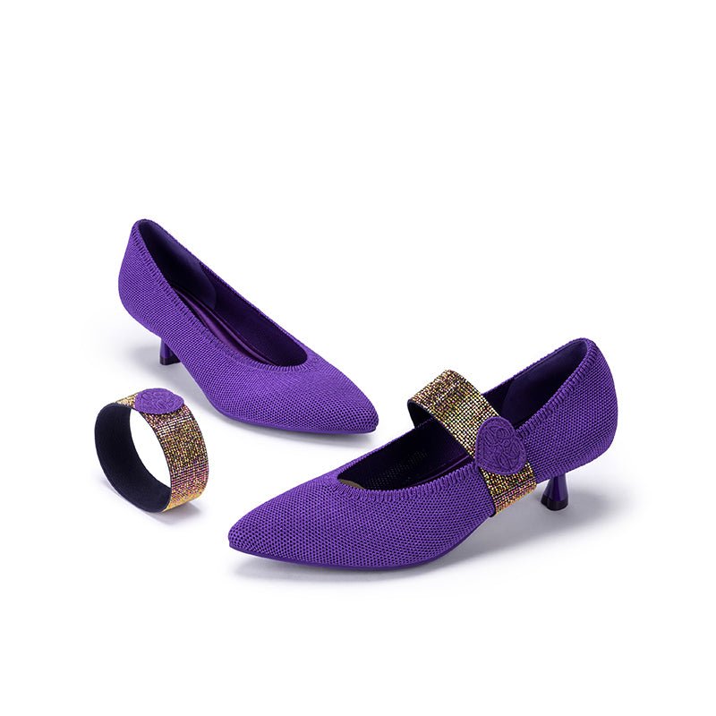 Belle Detachable Strap Mary Jane Heels – Pointed Toe Knit Kitten Heels
