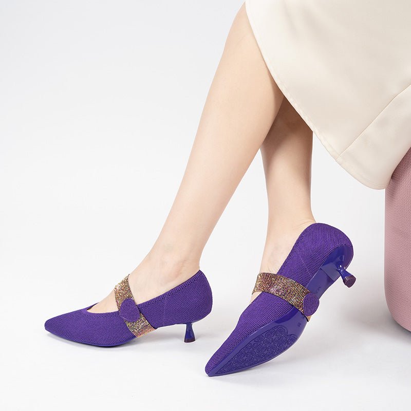 Belle Detachable Strap Mary Jane Heels – Pointed Toe Knit Kitten Heels