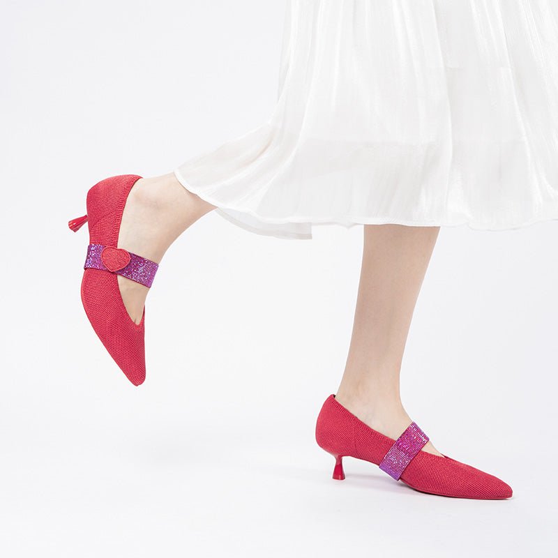 Belle Detachable Strap Mary Jane Heels – Pointed Toe Knit Kitten Heels