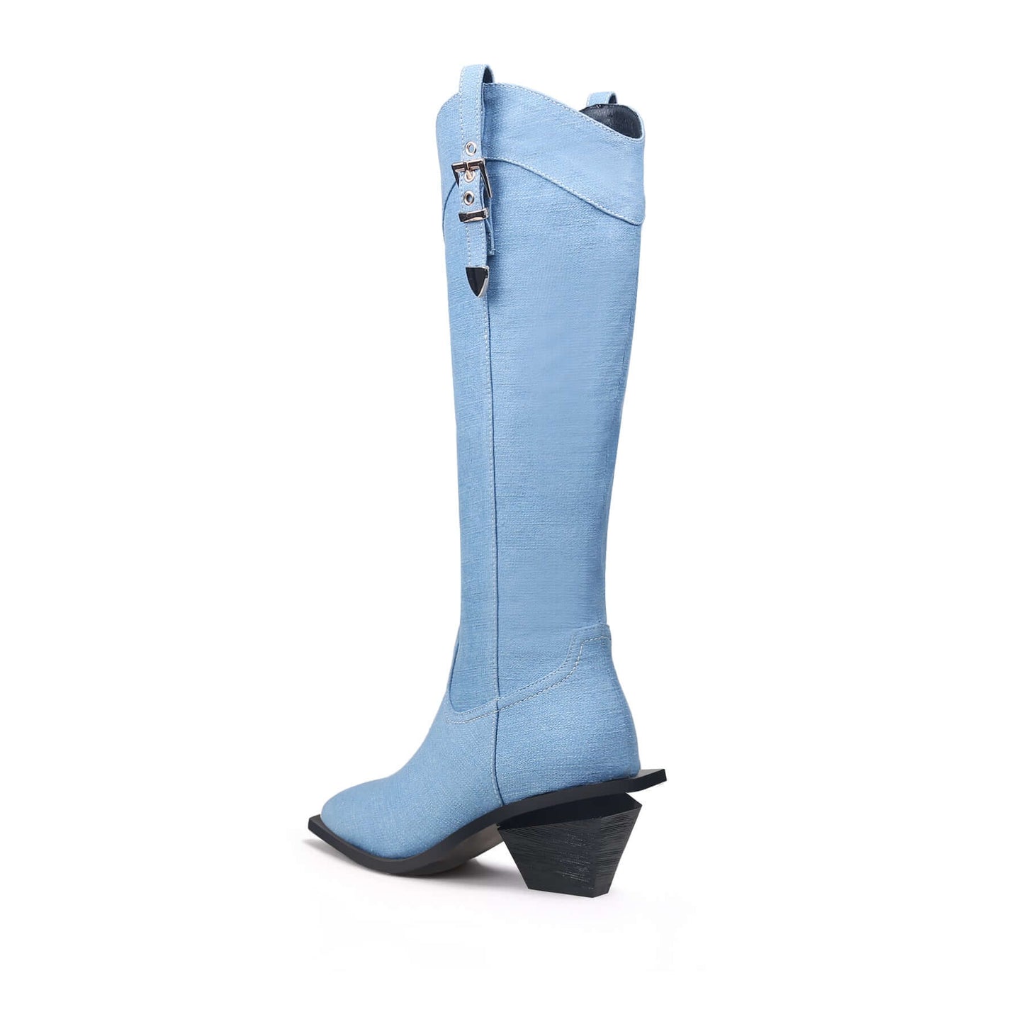 belted denim knee high cowgirl boots all blue 4