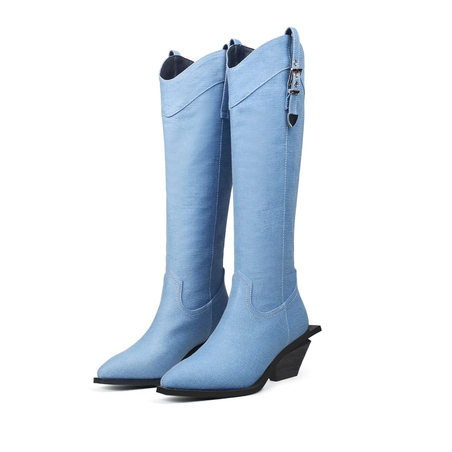 belted denim knee high cowgirl boots all blue 5