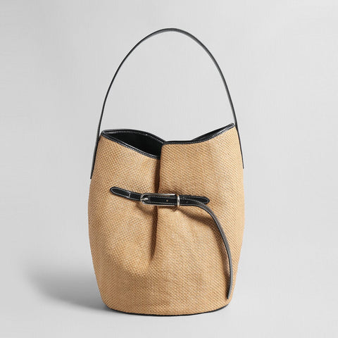 Belted Woven Straw Bucket Bag – Marte Grass Leather Trim Shoulder Bag