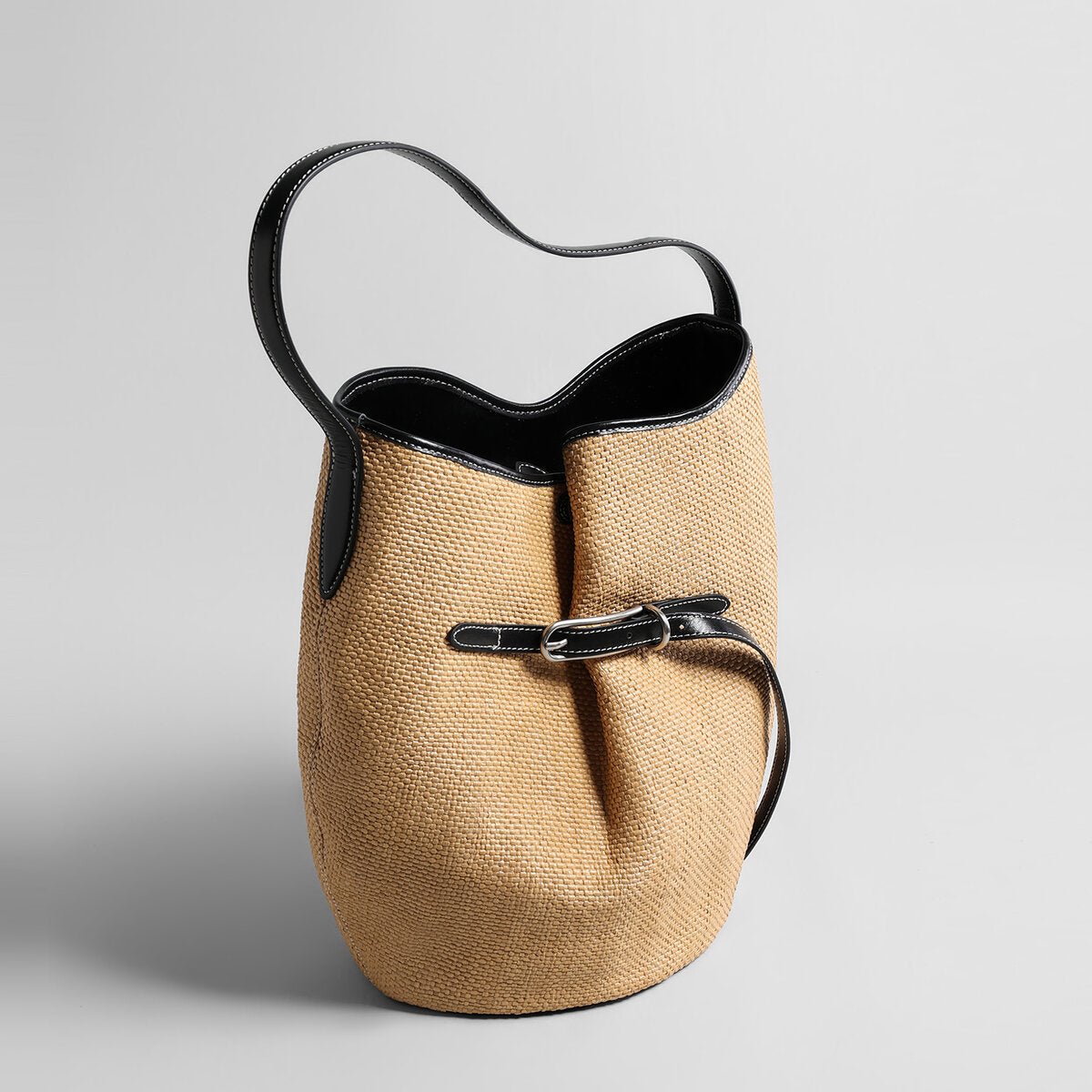 Belted Woven Straw Bucket Bag – Marte Grass Leather Trim Shoulder Bag