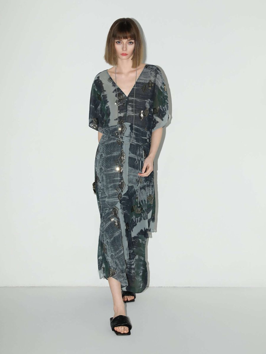 Black and Grey Tie - Dye Print Chiffon Dress - 0cm