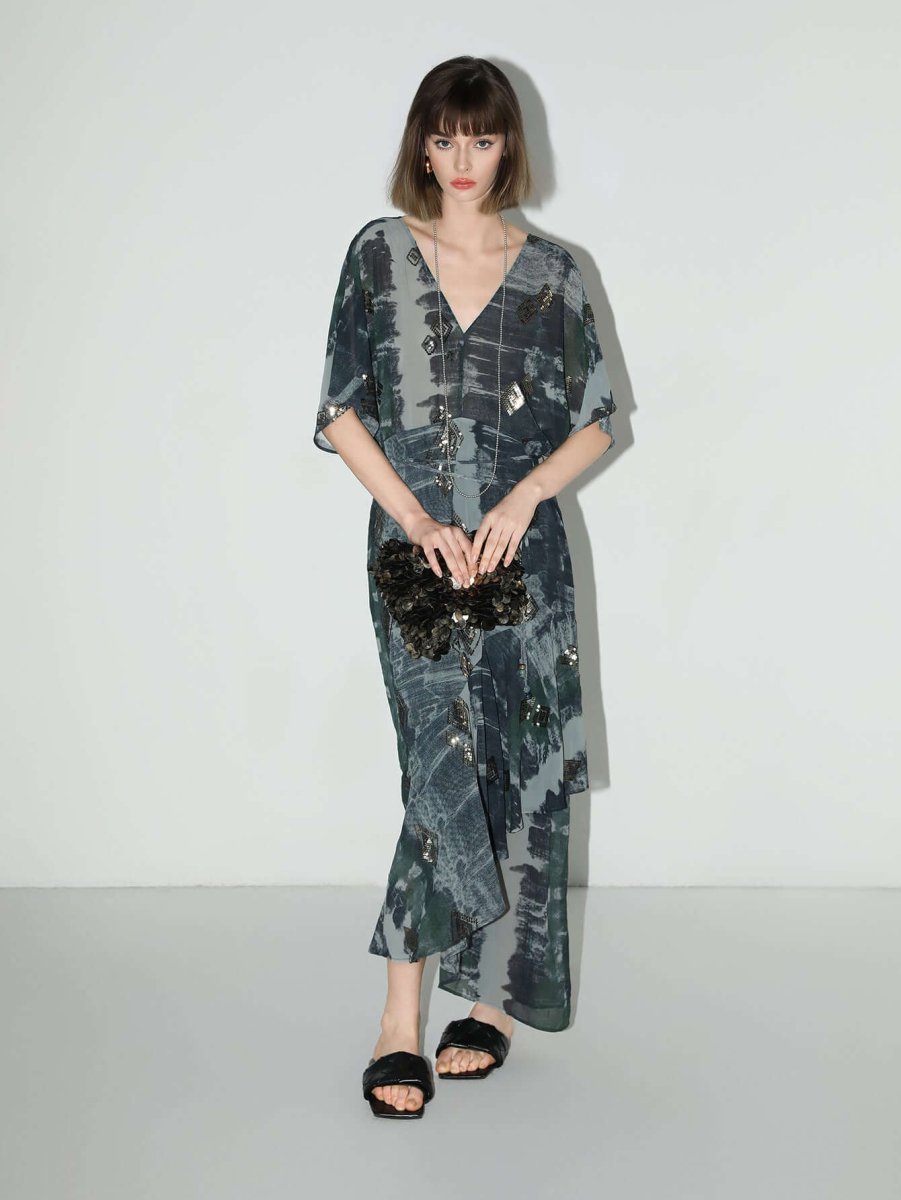 Black and Grey Tie - Dye Print Chiffon Dress - 0cm