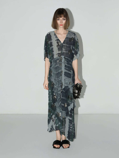 Black and Grey Tie - Dye Print Chiffon Dress - 0cm