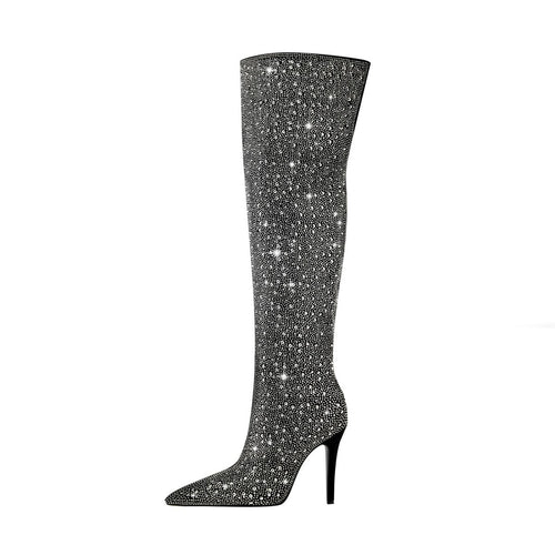 Black and Silver Embellished Knee High Boots - 0cm