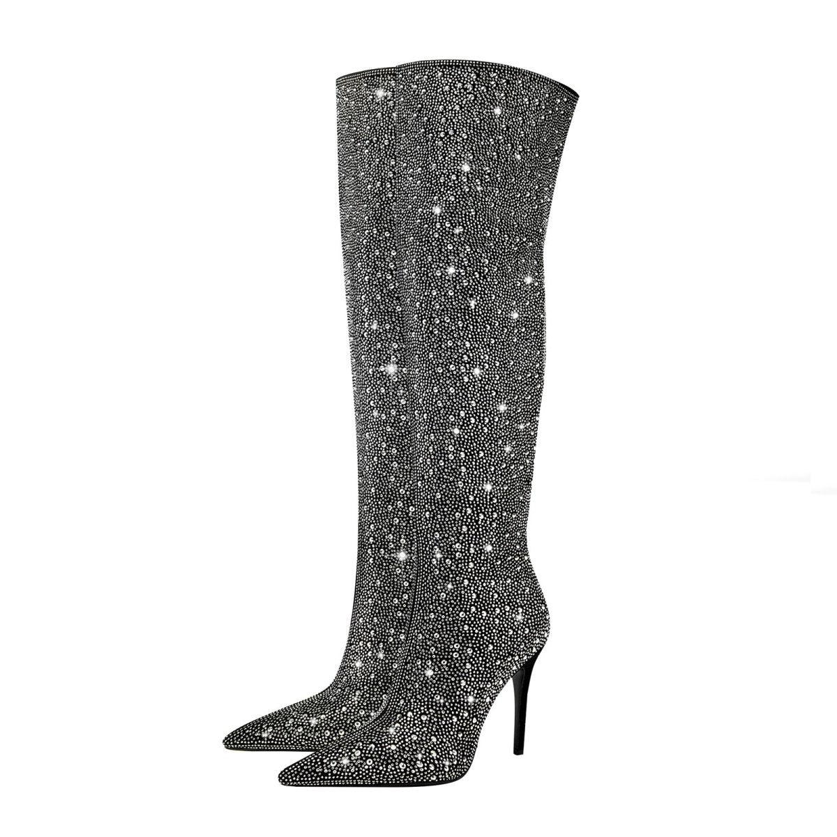 Black and Silver Embellished Knee High Boots - 0cm
