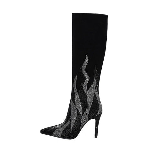 Black and Silver Flaming Hot Knee High Boots - 0cm