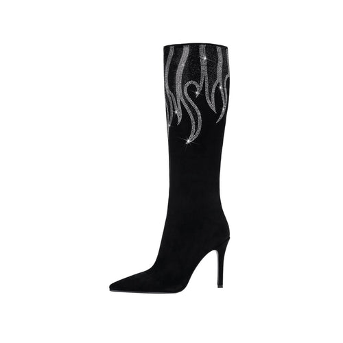 Black and Sliver Flame Pointed Toe Knee High Boots - 0cm