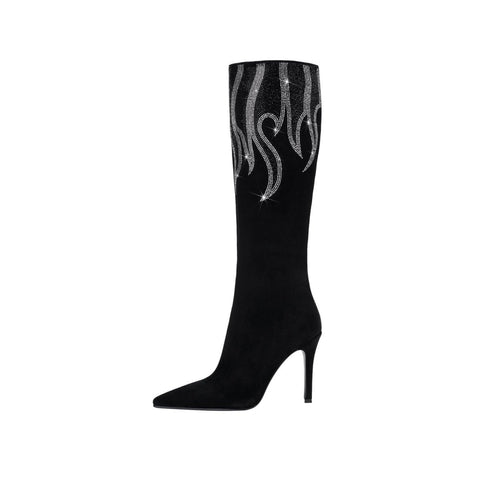 Black and Sliver Flame Pointed Toe Knee High Boots