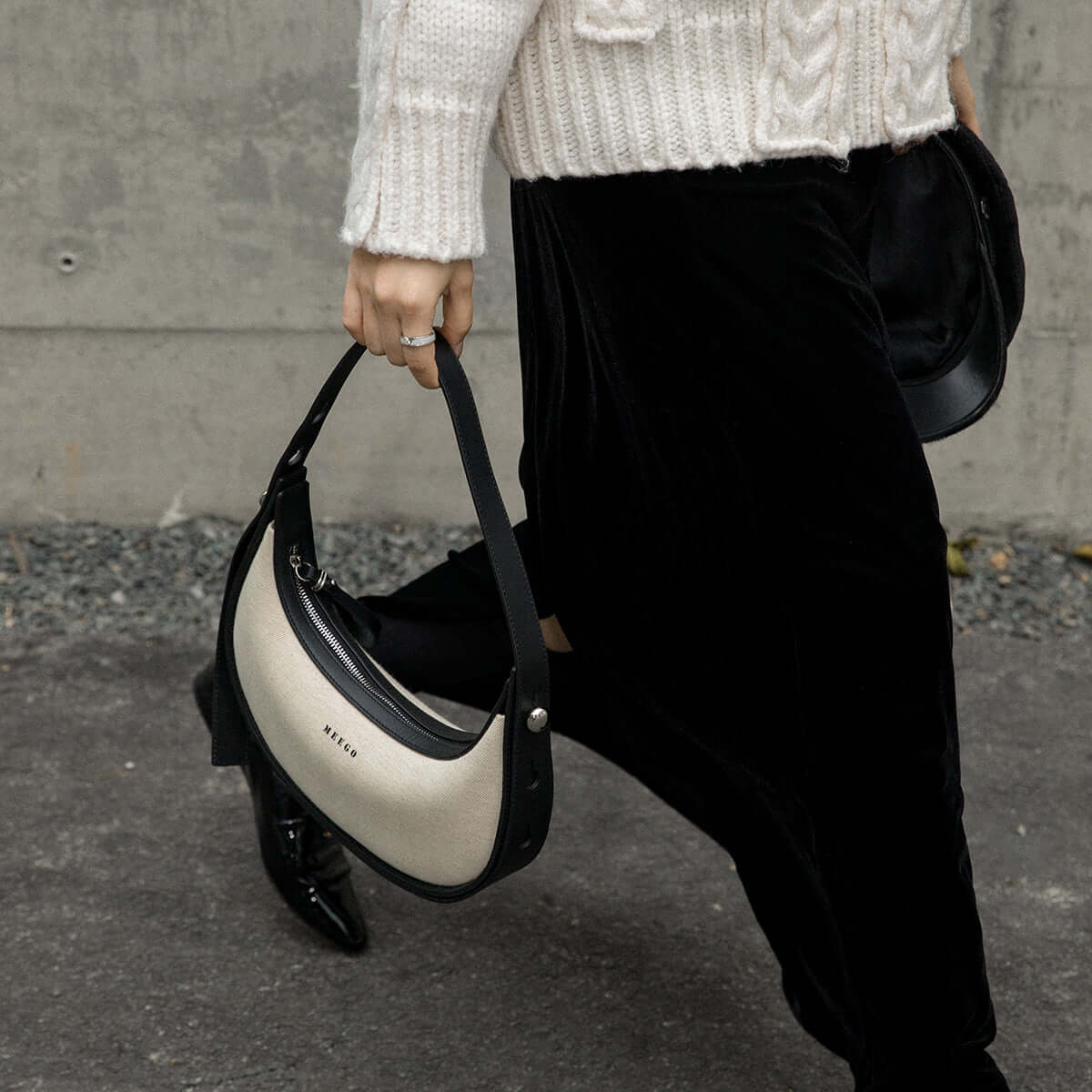 black and white crescent bag all 5