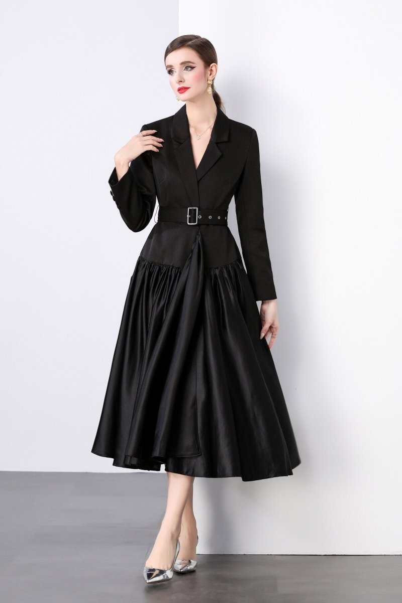 Black Belted Blazer Flared Midi Dress - 0cm