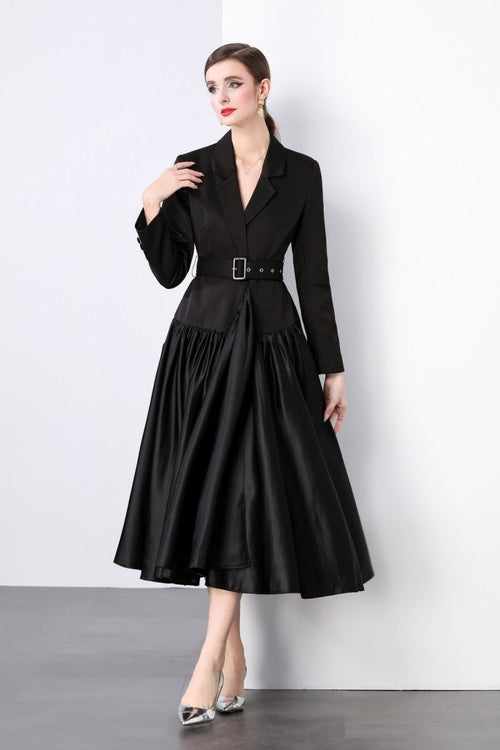 Black Belted Blazer Flared Midi Dress - 0cm