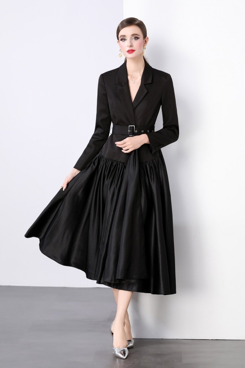 Black Belted Blazer Flared Midi Dress - 0cm