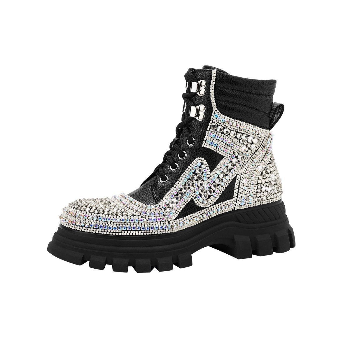 Black Crystal Embellished Walking Ankle Boots - 0cm